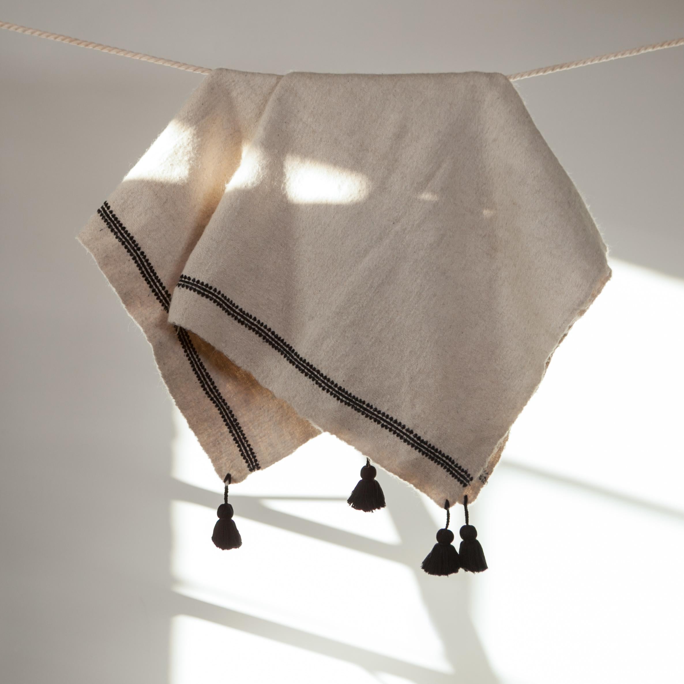 Hand-Woven One of a Kind Handwoven Wool Throw in Natural with Black Tassels, in Stock