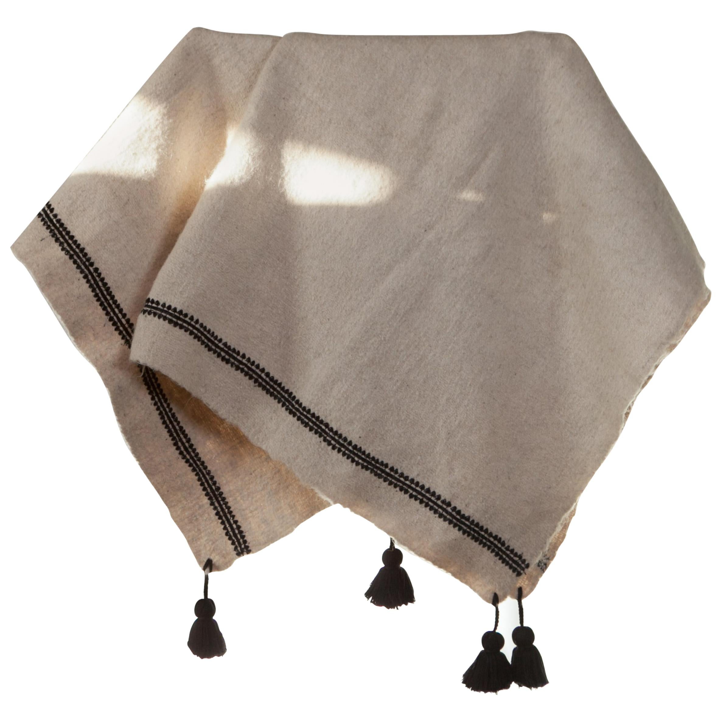 One of a Kind Handwoven Wool Throw in Natural with Black Tassels, in Stock