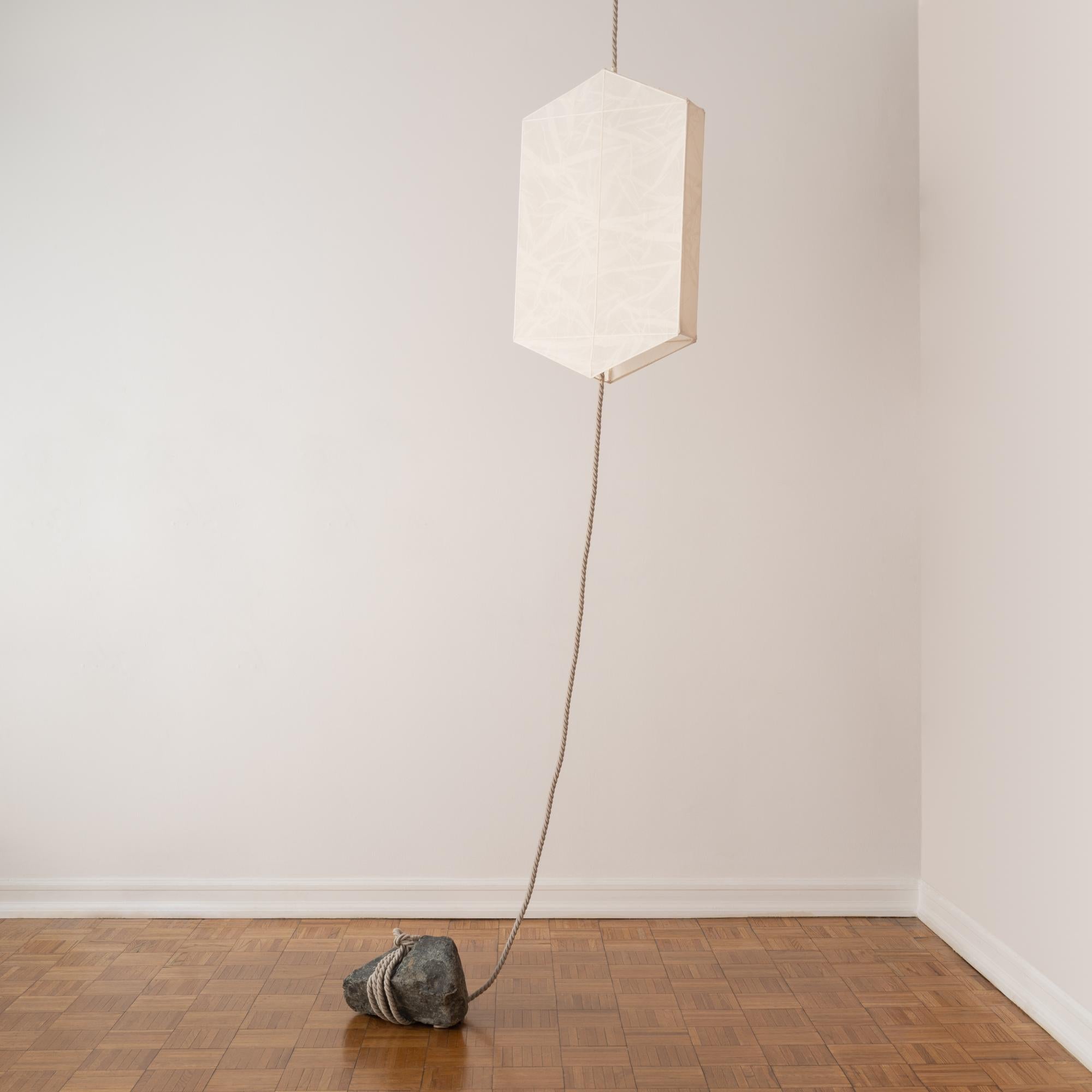 American One-of-a-Kind Hanging Lantern-style Lamp of Silk Organza, Rope and Raw Stone For Sale