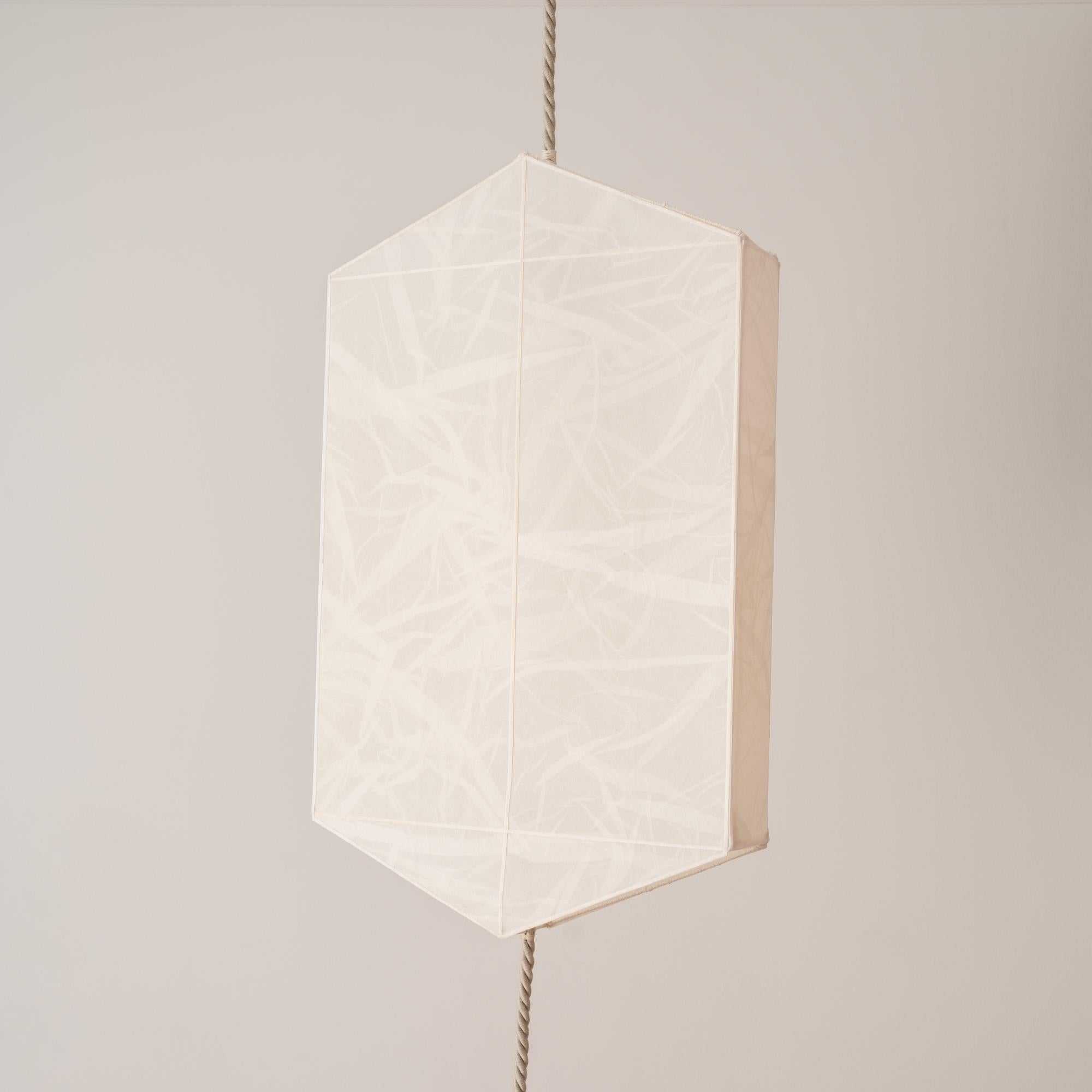 One-of-a-Kind Hanging Lantern-style Lamp of Silk Organza, Rope and Raw Stone In New Condition For Sale In New York, NY