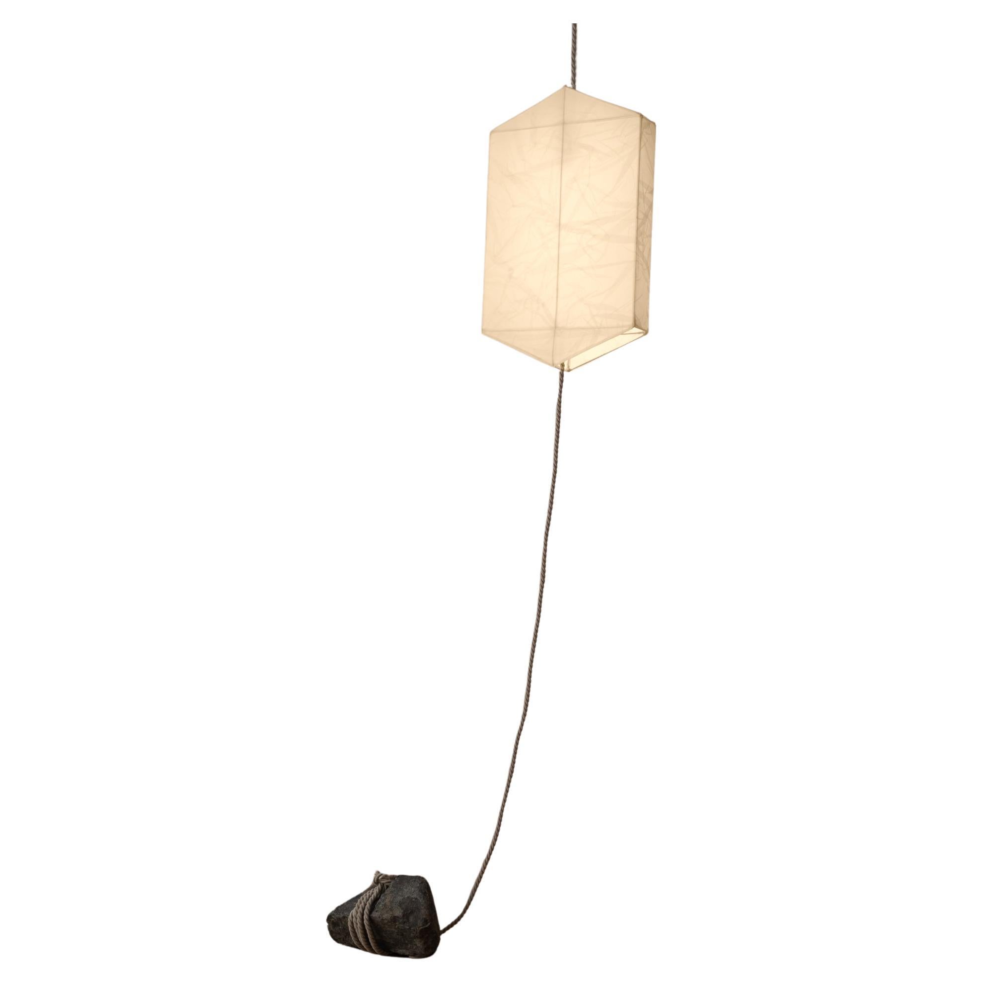 One-of-a-Kind Hanging Lantern-style Lamp of Silk Organza, Rope and Raw Stone For Sale