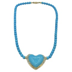 One of a kind Heart Shape Natural Turquoise Diamond Necklace 18k Yellow Gold