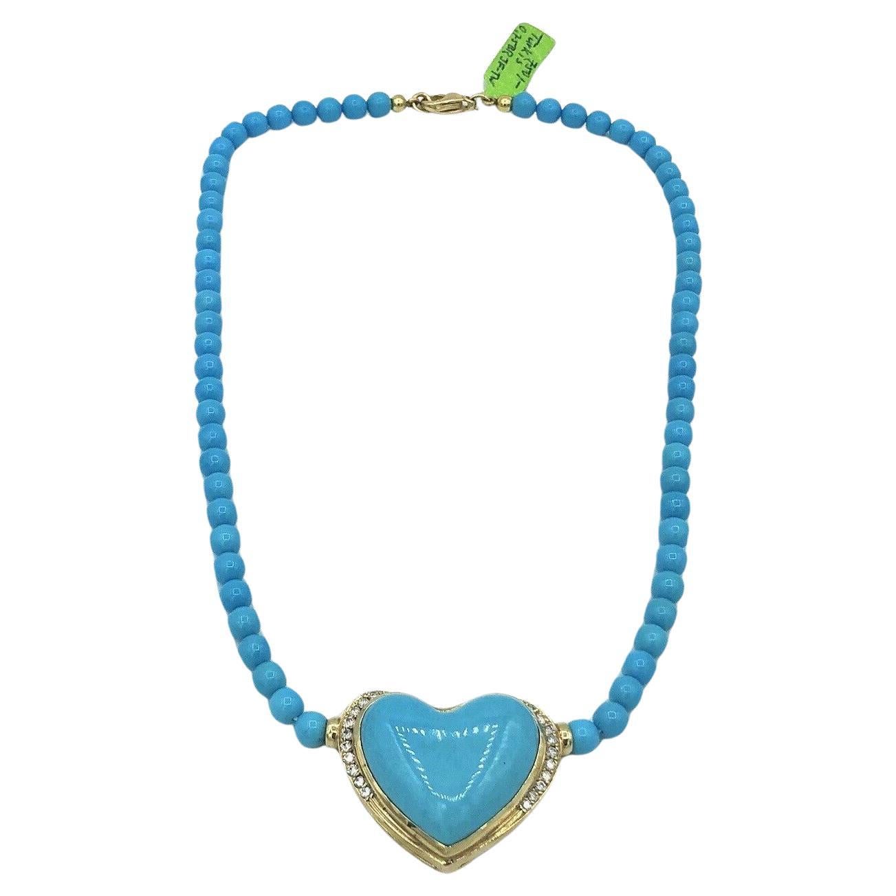 Contemporain Collier unique en forme de coeur en or jaune 18k avec turquoise naturelle et diamant en vente