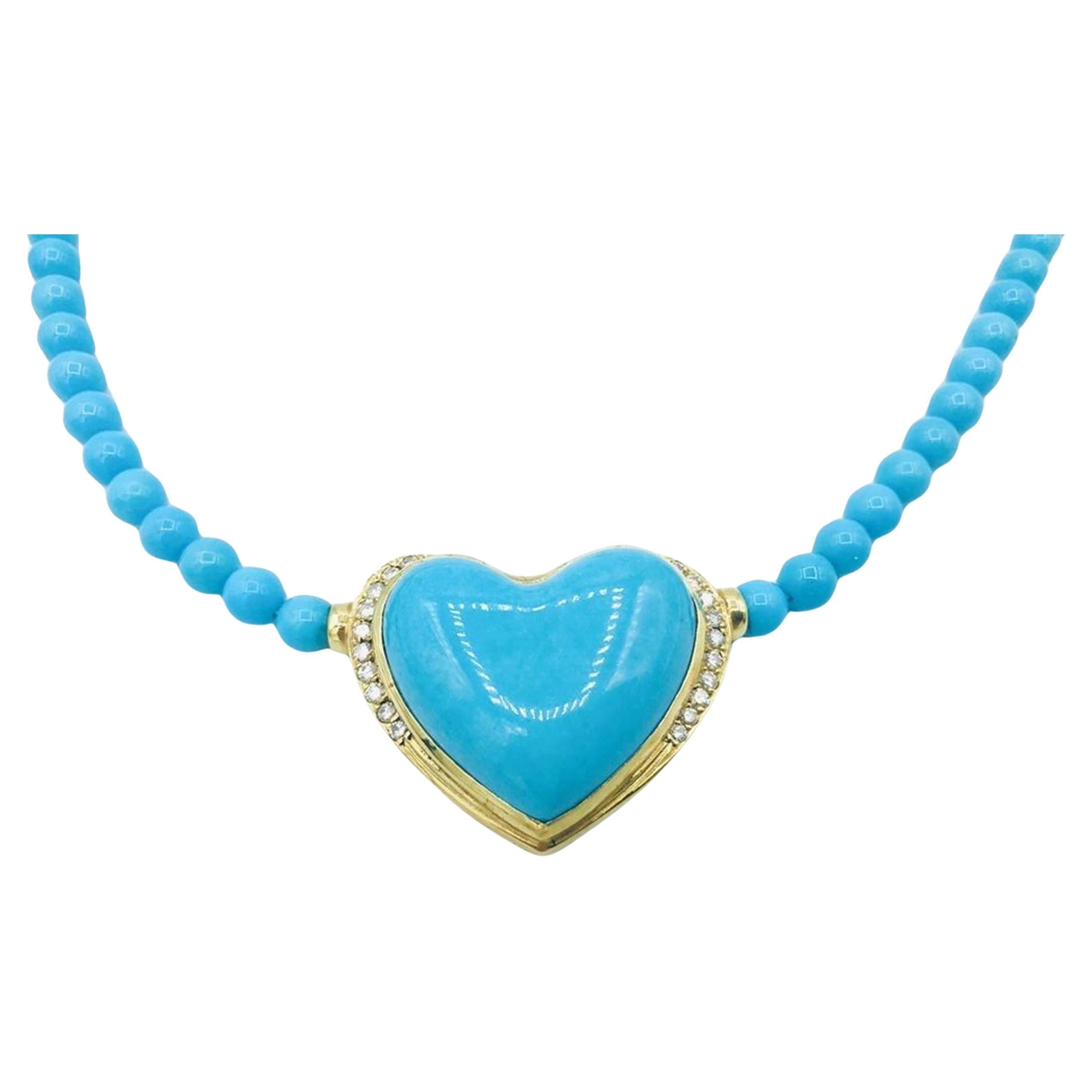 One of a kind Heart Shape Natural Turquoise Diamond Necklace 18k Yellow Gold