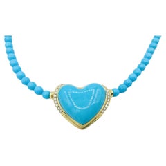 One of a kind Heart Shape Natural Turquoise Diamond Necklace 18k Yellow Gold
