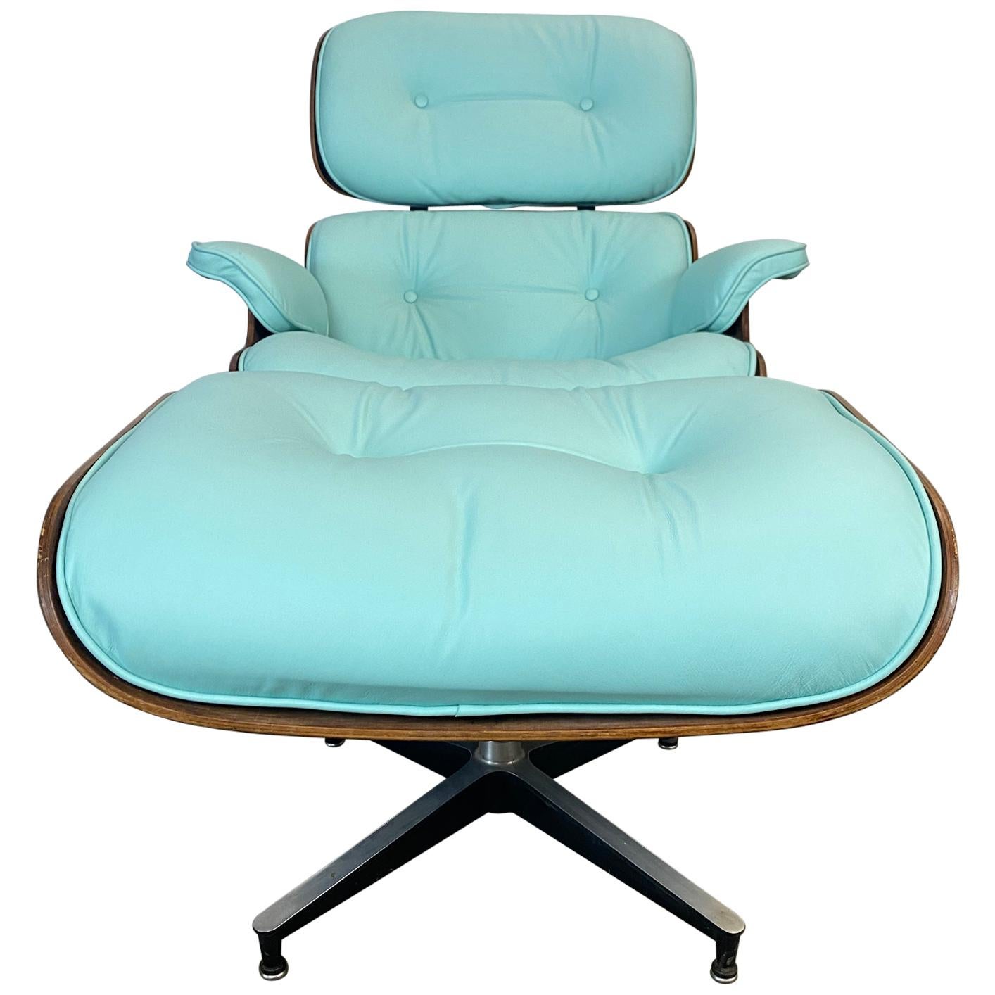 Mint Green Herman Miller Eames Lounge Chair and Ottoman with Custom Leather