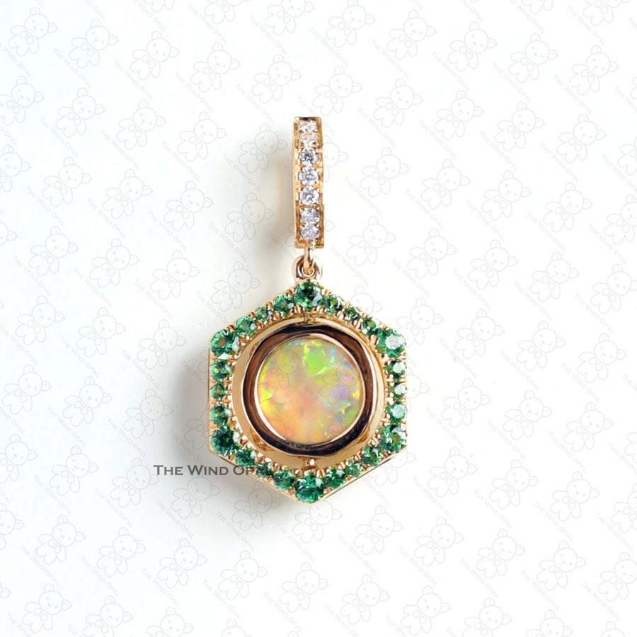 Brilliant Cut One of a Kind Hexagon Two Sides Sime Black Opal Diamond Tsavorite Necklace 18k G For Sale