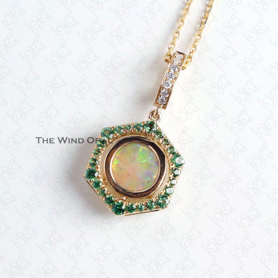One of a Kind Hexagon Two Sides Sime Black Opal Diamond Tsavorite Necklace 18k G For Sale 3