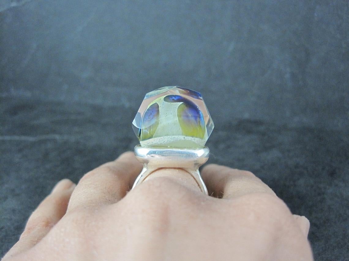 One of a Kind High Set Sterling Silver Art Glass Statement Ring Size 8 For Sale 5