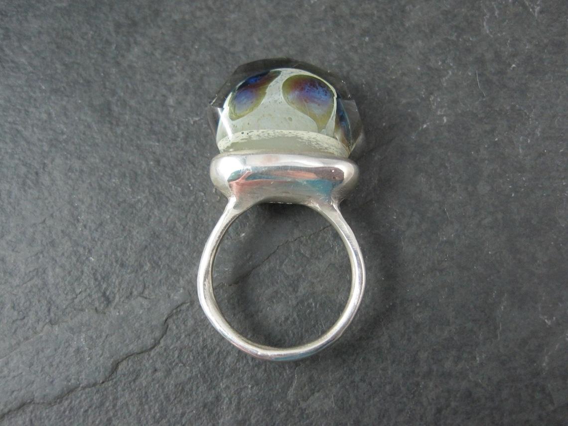 Contemporary One of a Kind High Set Sterling Silver Art Glass Statement Ring Size 8 For Sale