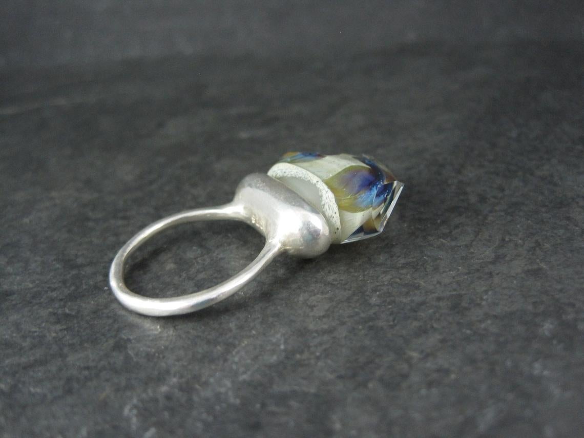 One of a Kind High Set Sterling Silver Art Glass Statement Ring Size 8 For Sale 2
