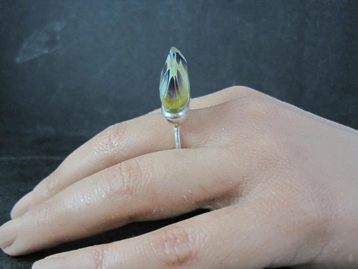 One of a Kind High Set Sterling Silver Art Glass Statement Ring Size 8 For Sale 4