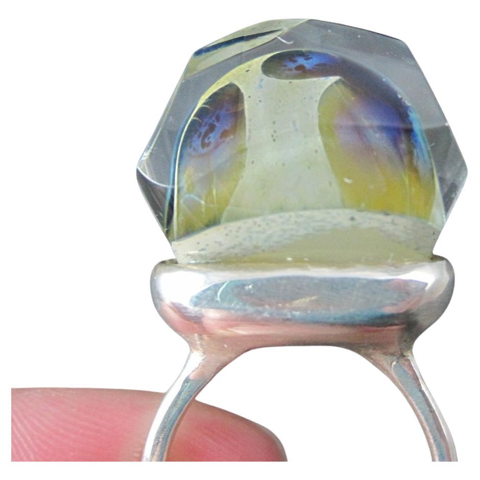One of a Kind High Set Sterling Silver Art Glass Statement Ring Size 8 For Sale