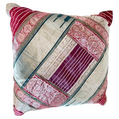 One-of-a-Kind Indian Silk Sari Pillow, Metallic Zari Embroidery, 1980