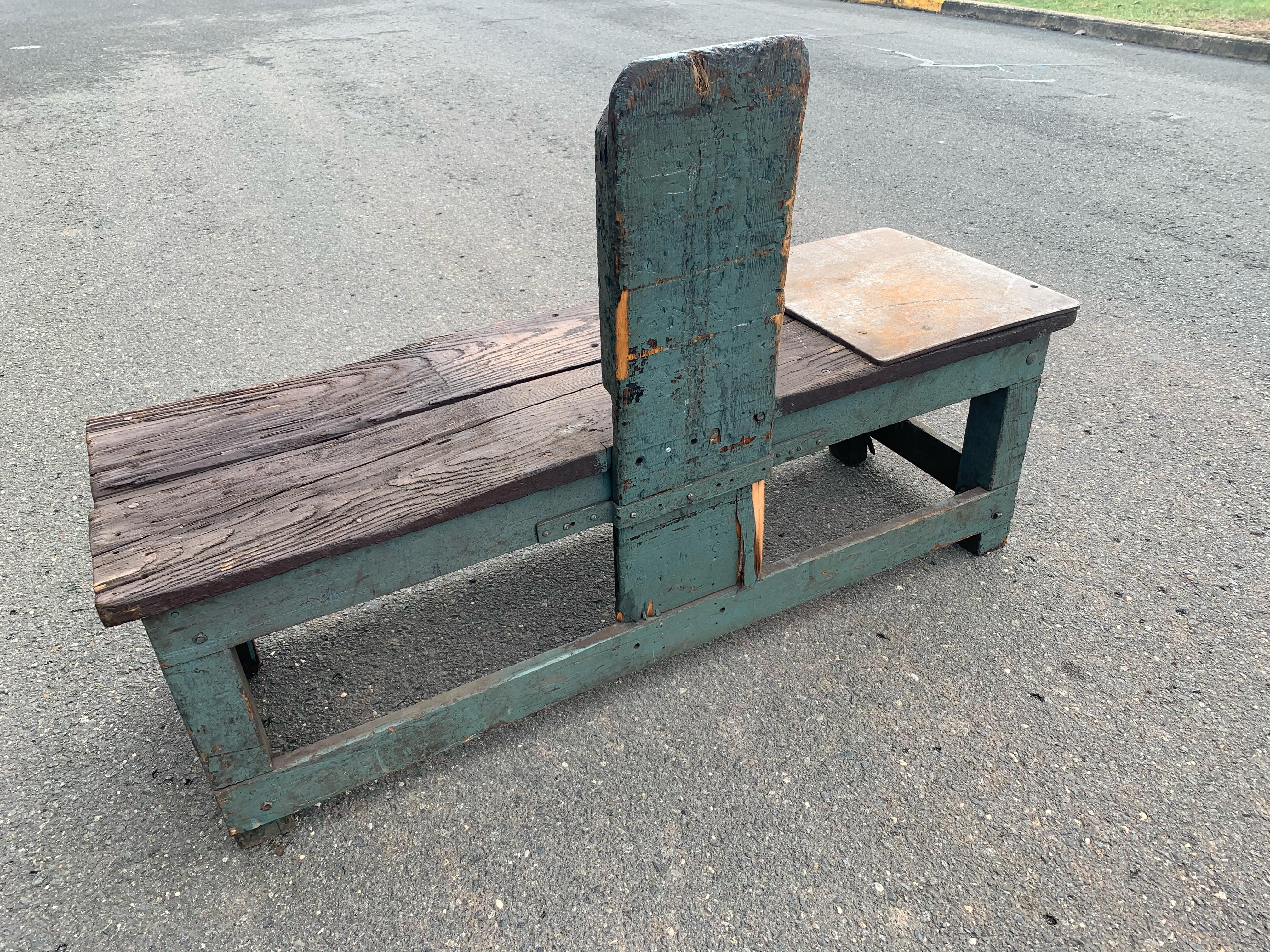 One of a Kind Industrial Distressed and Painted Wood Work Bench In Distressed Condition In Hopewell, NJ