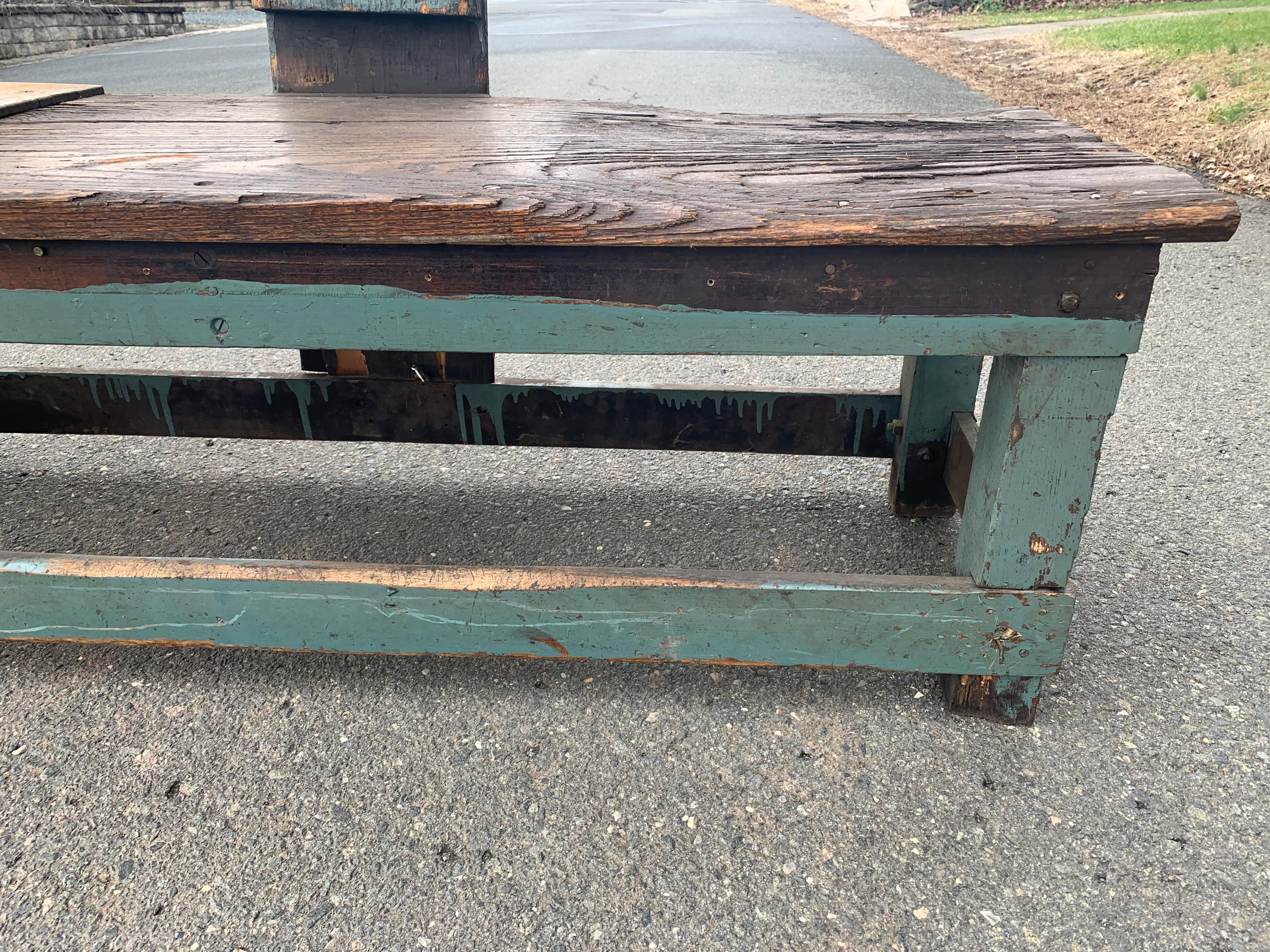Late 20th Century One of a Kind Industrial Distressed and Painted Wood Work Bench