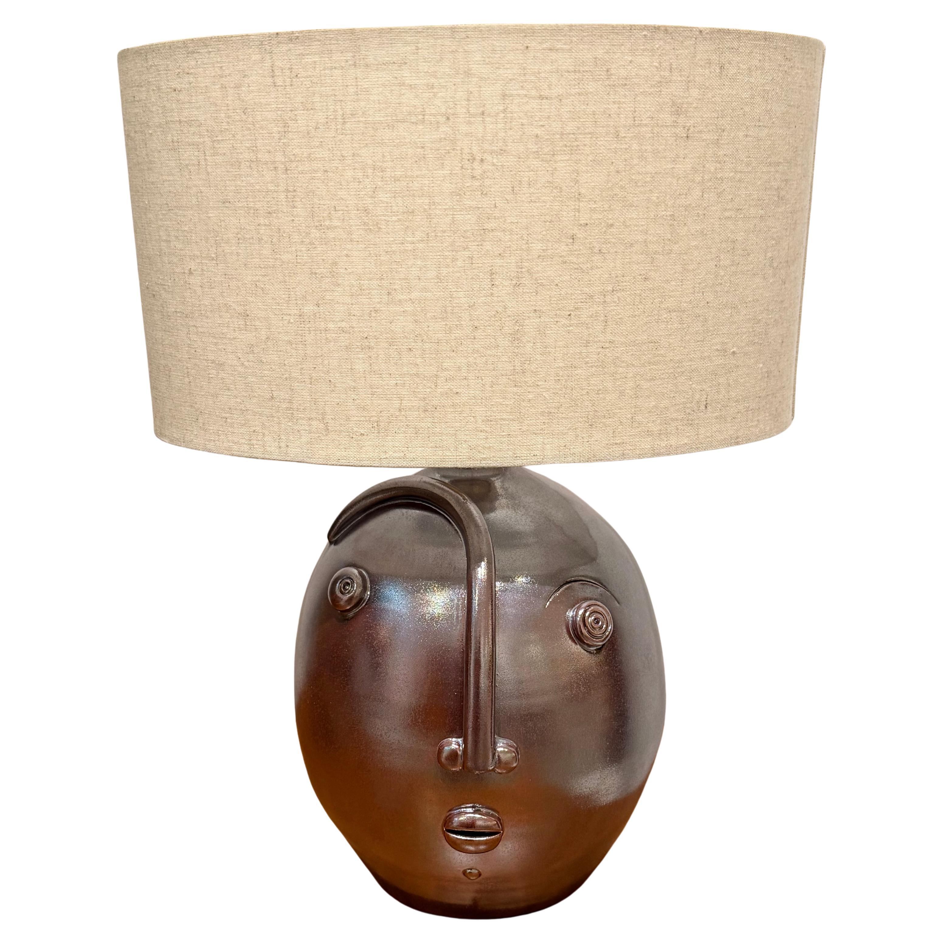 One of a Kind Iridescent Ceramic Lamp Base "face" Signed DALO For Sale