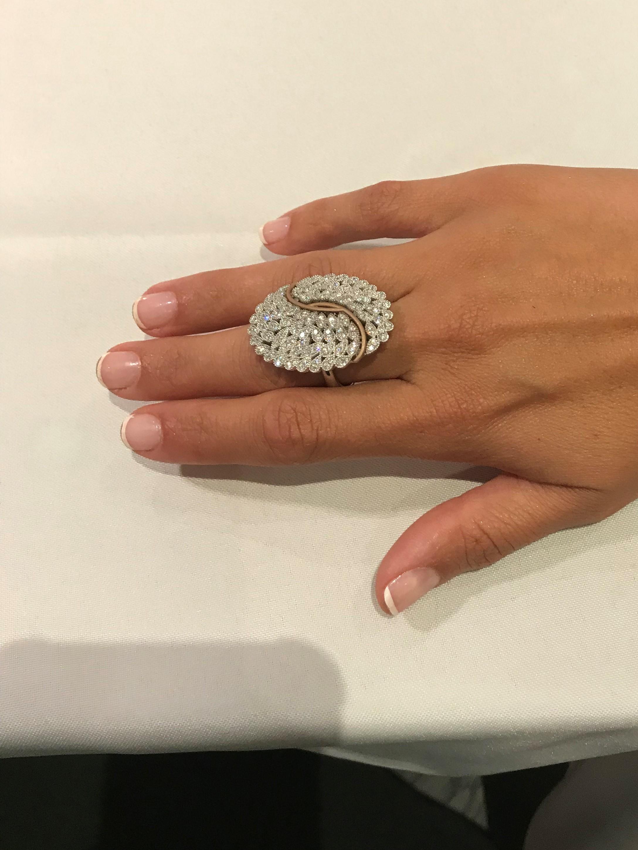 One of a Kind Italian designer cocktail Fashion Ring.
You want that special ring that no one has? Unique, made by our Italian designer features 2.02 Cts of brilliant diamonds in G/H SI Quality