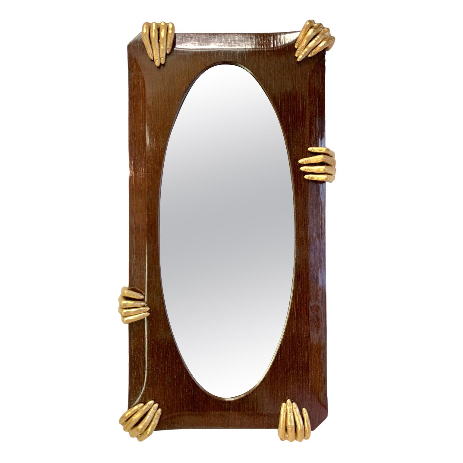 One of a Kind Italian Midcentury Wall Mirror Held by Six Hands Sculptures For Sale