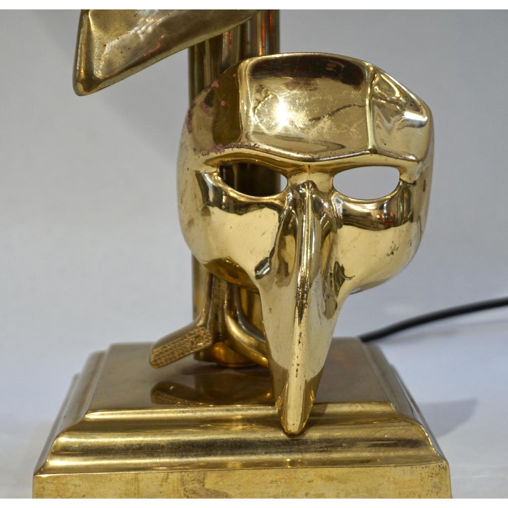 One of a Kind Italian Pair Deco Modern Art Lamps with Cast Brass Carnival Masks For Sale 1