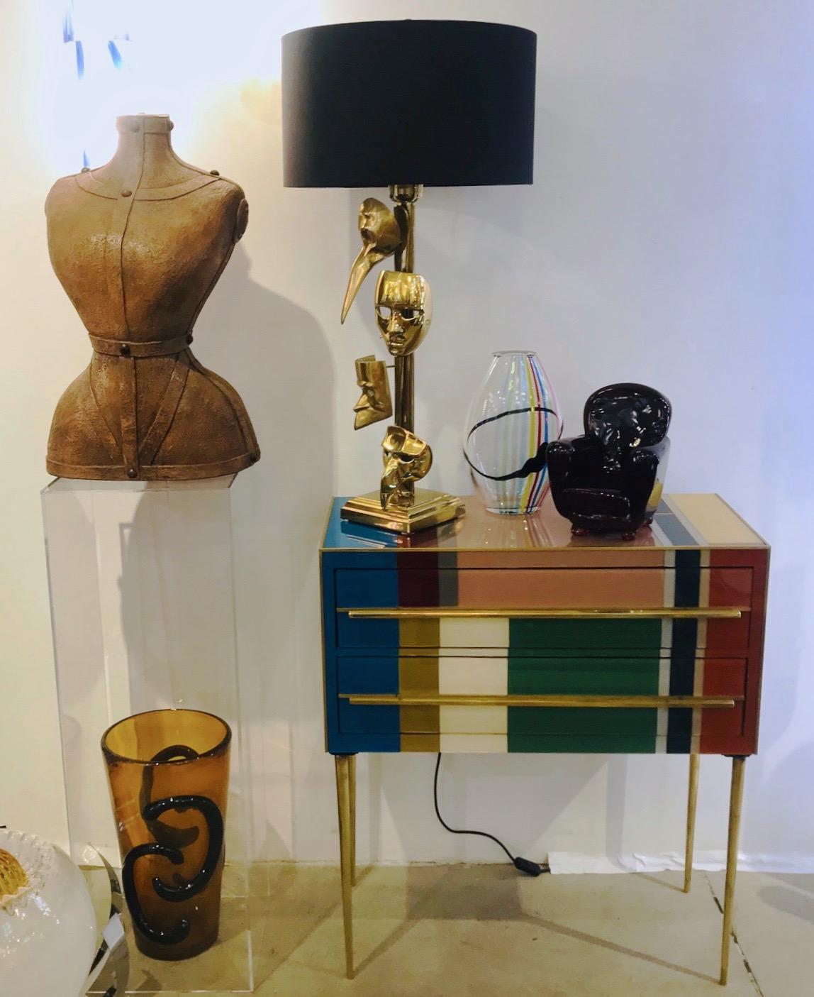 One of a Kind Italian Pair Deco Modern Art Lamps with Cast Brass Carnival Masks For Sale 7