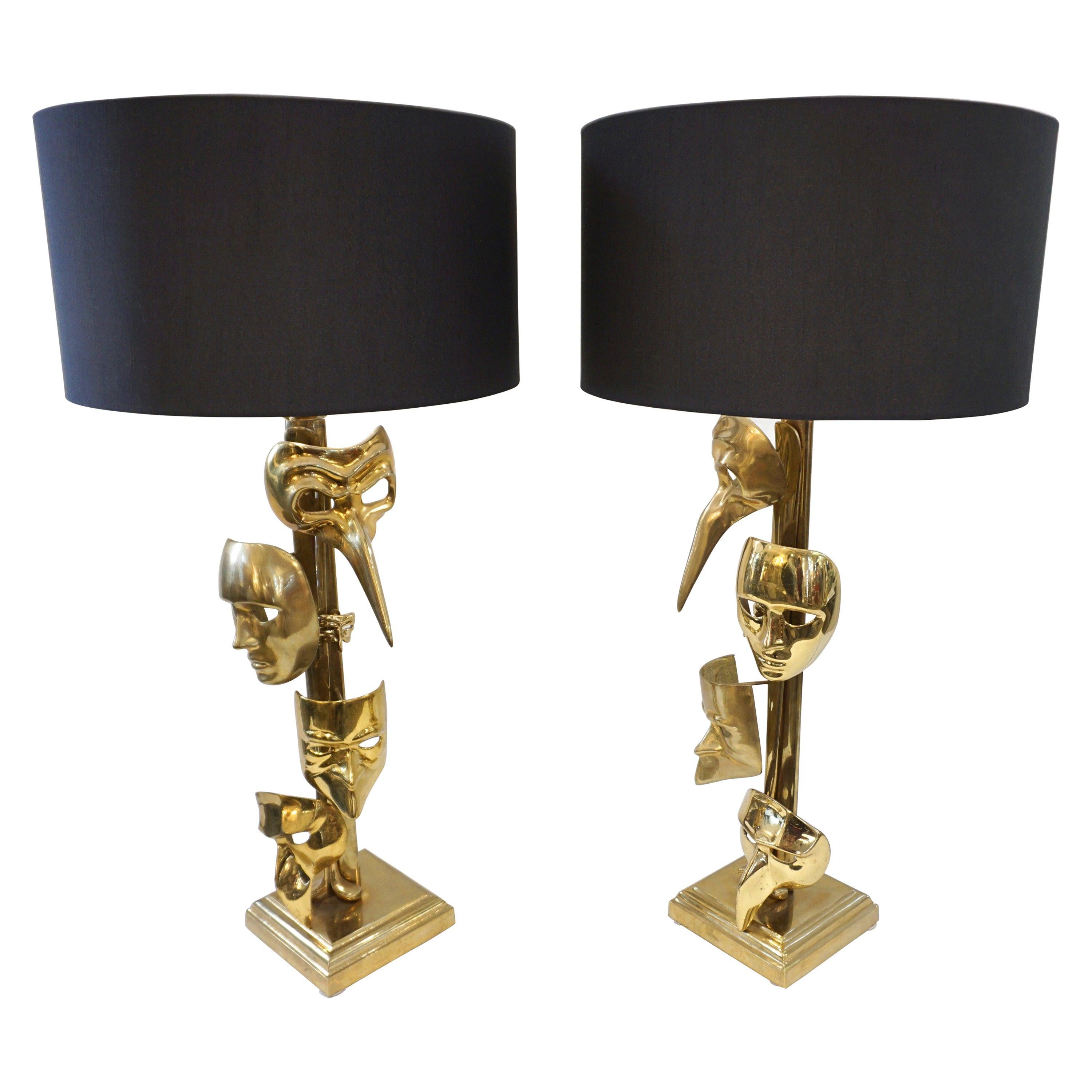 One of a Kind Italian Pair Deco Modern Art Lamps with Cast Brass Carnival Masks
