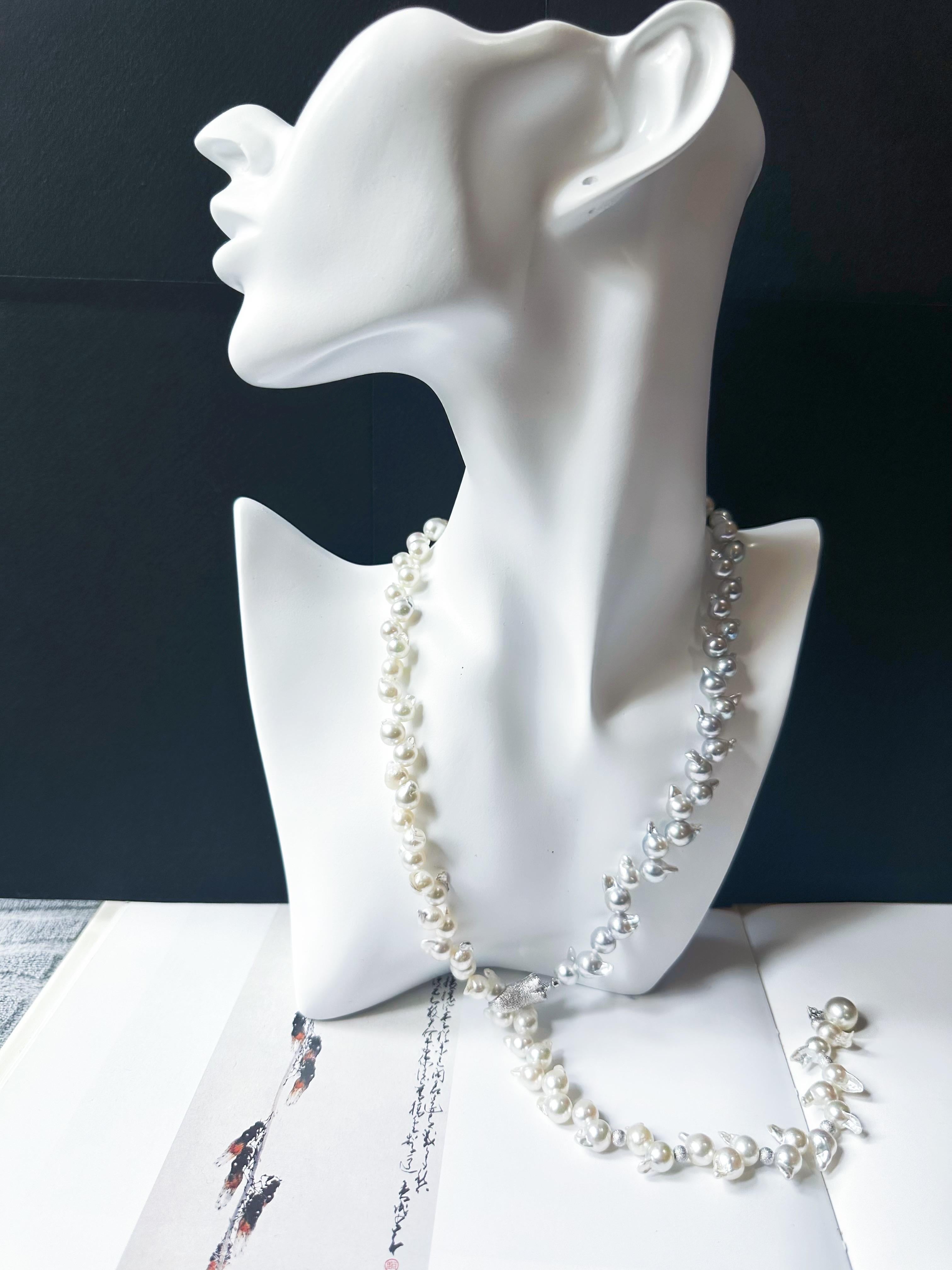 Rough Cut One-of-a-Kind Japan Akoya Pearl Long Necklace Wheat Ear Design For Sale
