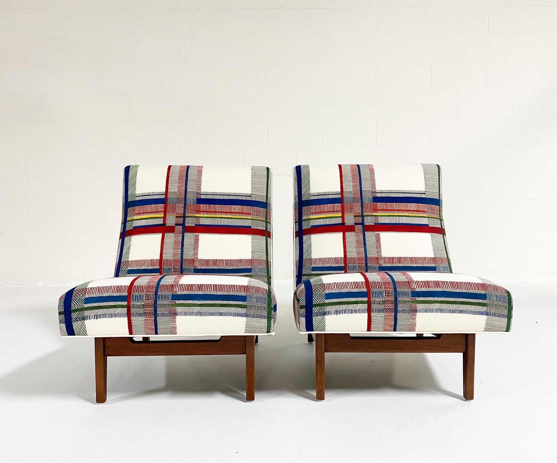 One of a Kind Jens Risom Walnut Slipper Chairs in Hermès Wool, Pair 4