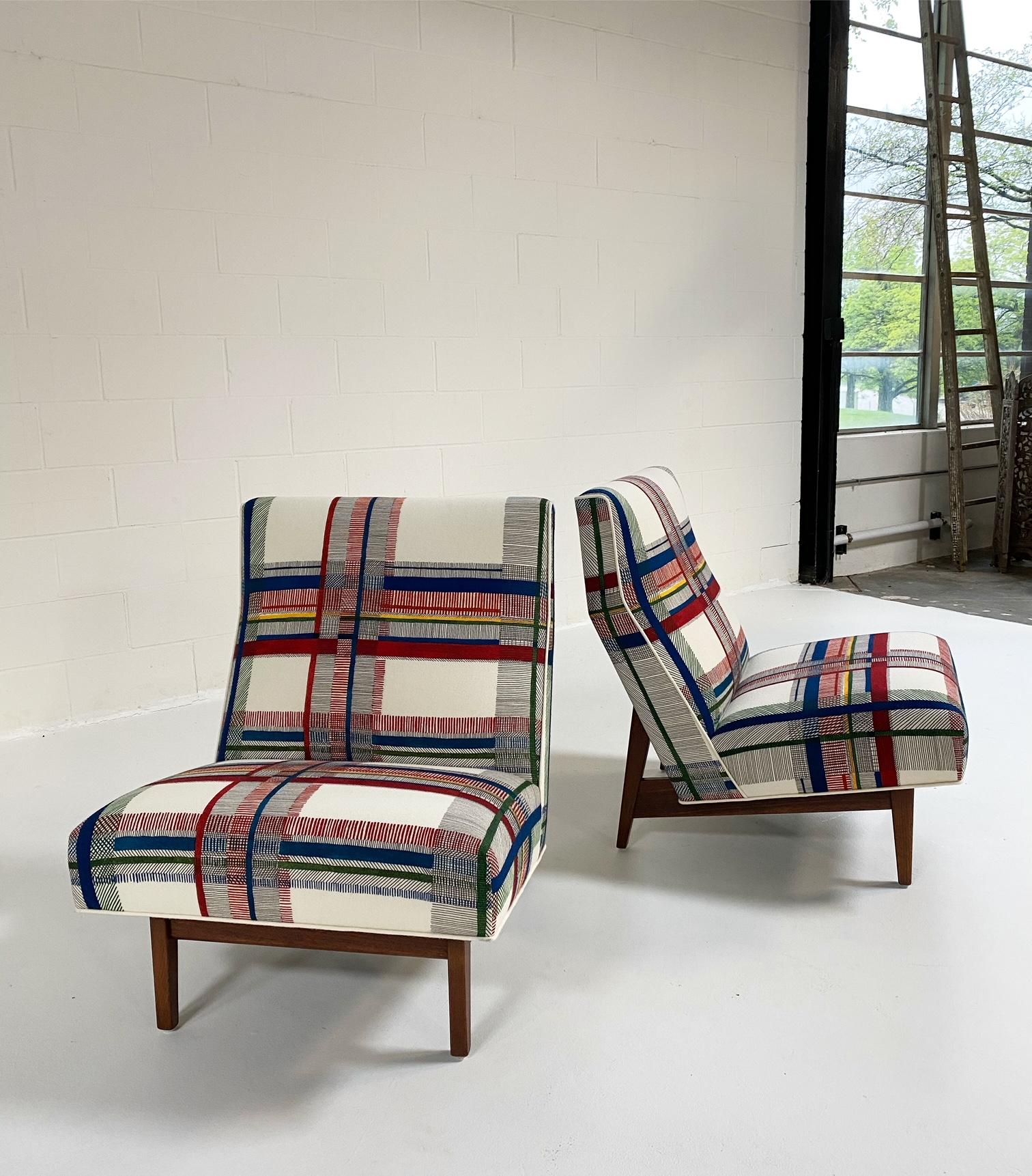 Mid-Century Modern One of a Kind Jens Risom Walnut Slipper Chairs in Hermès Wool, Pair