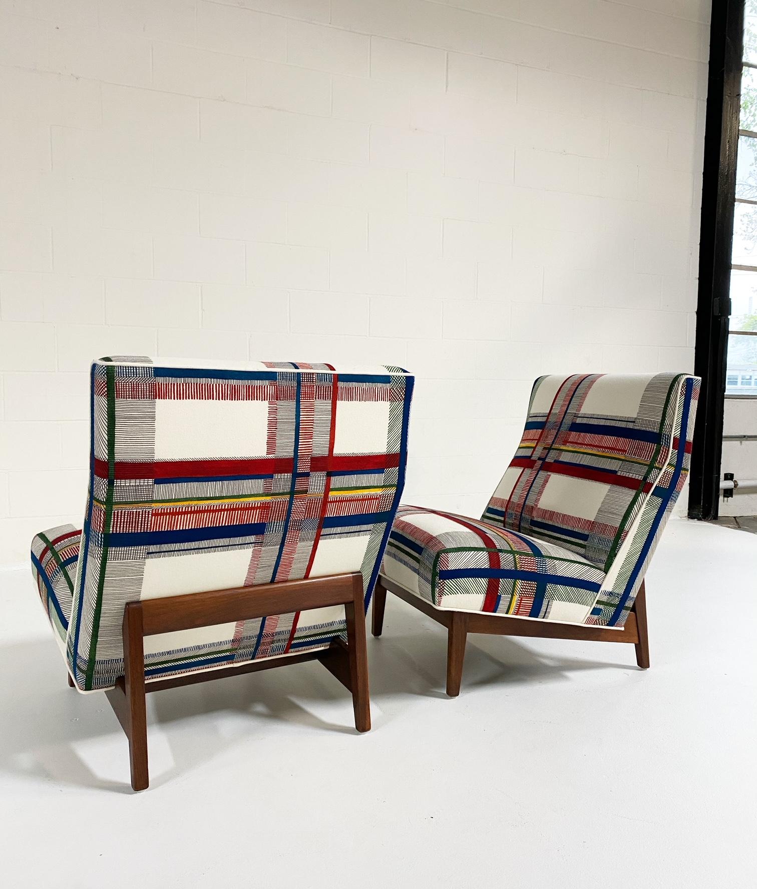 American One of a Kind Jens Risom Walnut Slipper Chairs in Hermès Wool, Pair