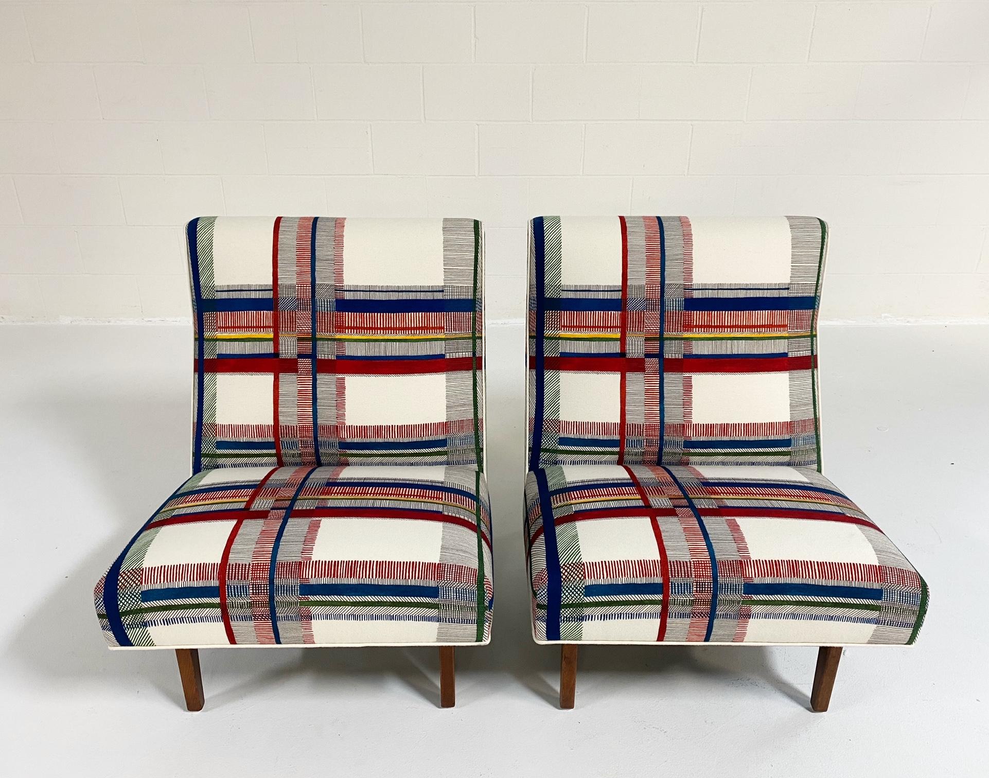 Mid-20th Century One of a Kind Jens Risom Walnut Slipper Chairs in Hermès Wool, Pair