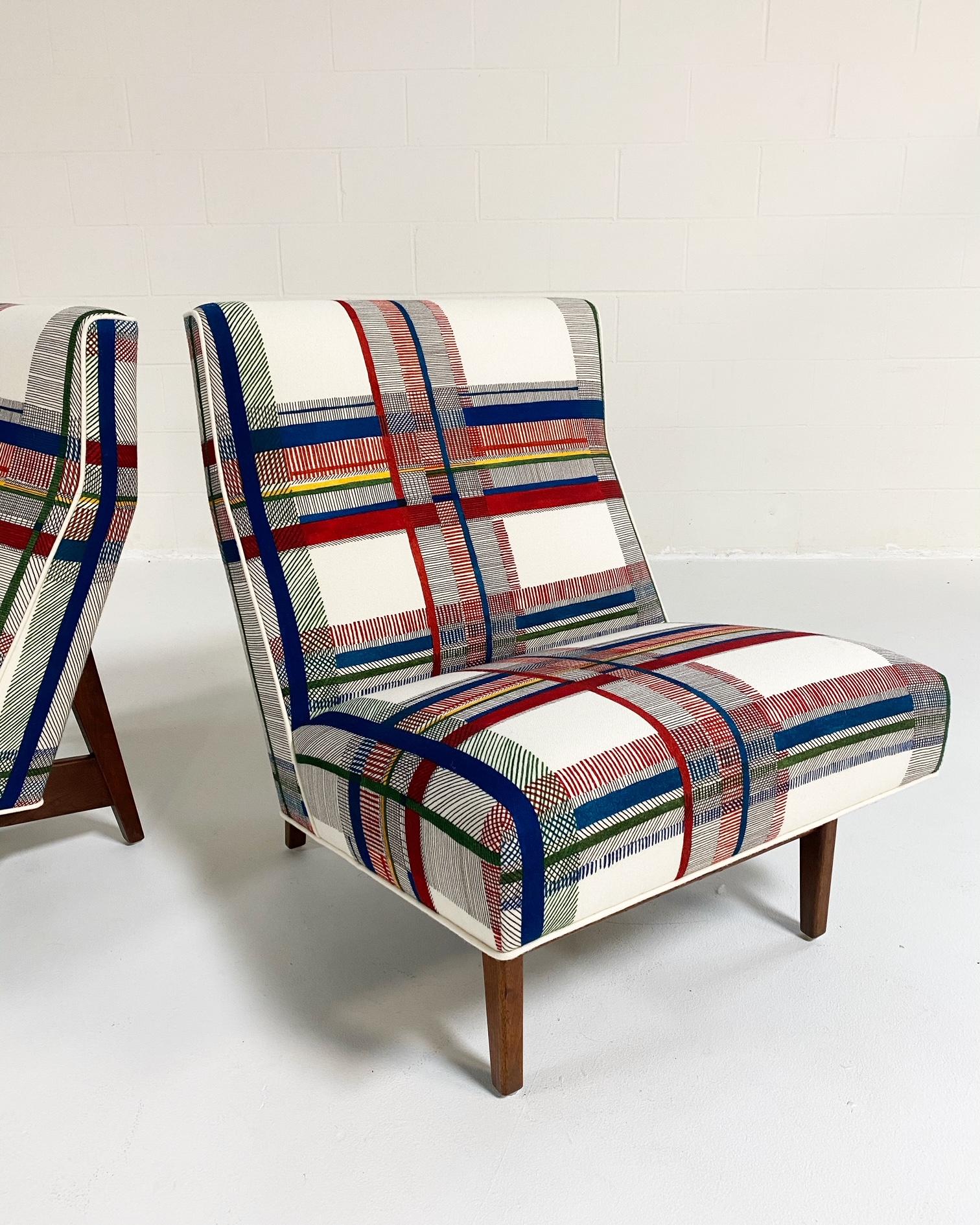 One of a Kind Jens Risom Walnut Slipper Chairs in Hermès Wool, Pair 1