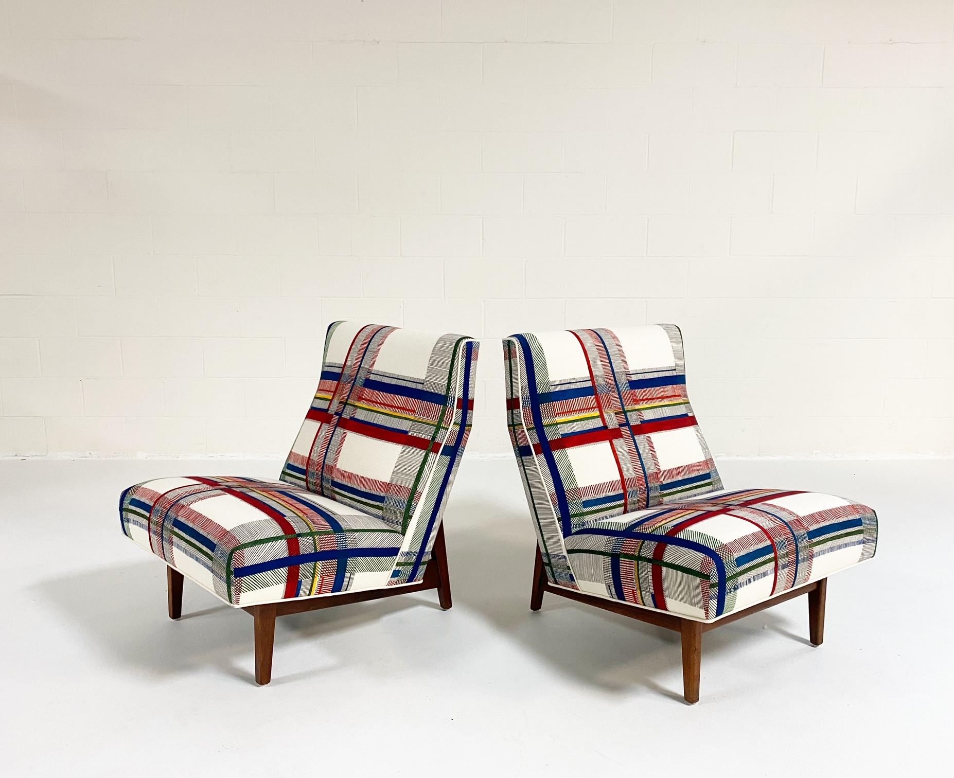 One of a Kind Jens Risom Walnut Slipper Chairs in Hermès Wool, Pair 3