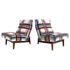 One of a Kind Jens Risom Walnut Slipper Chairs in Hermès Wool, Pair