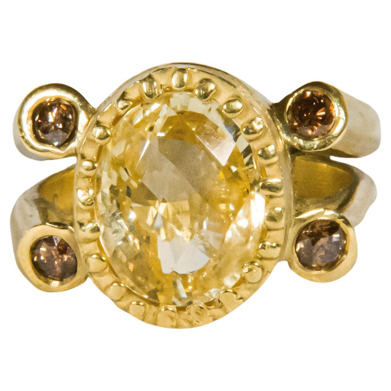 One of a Kind Julia Boss 18K 6 Carat Yellow Sapphire Brown Diamonds Ring For Sale