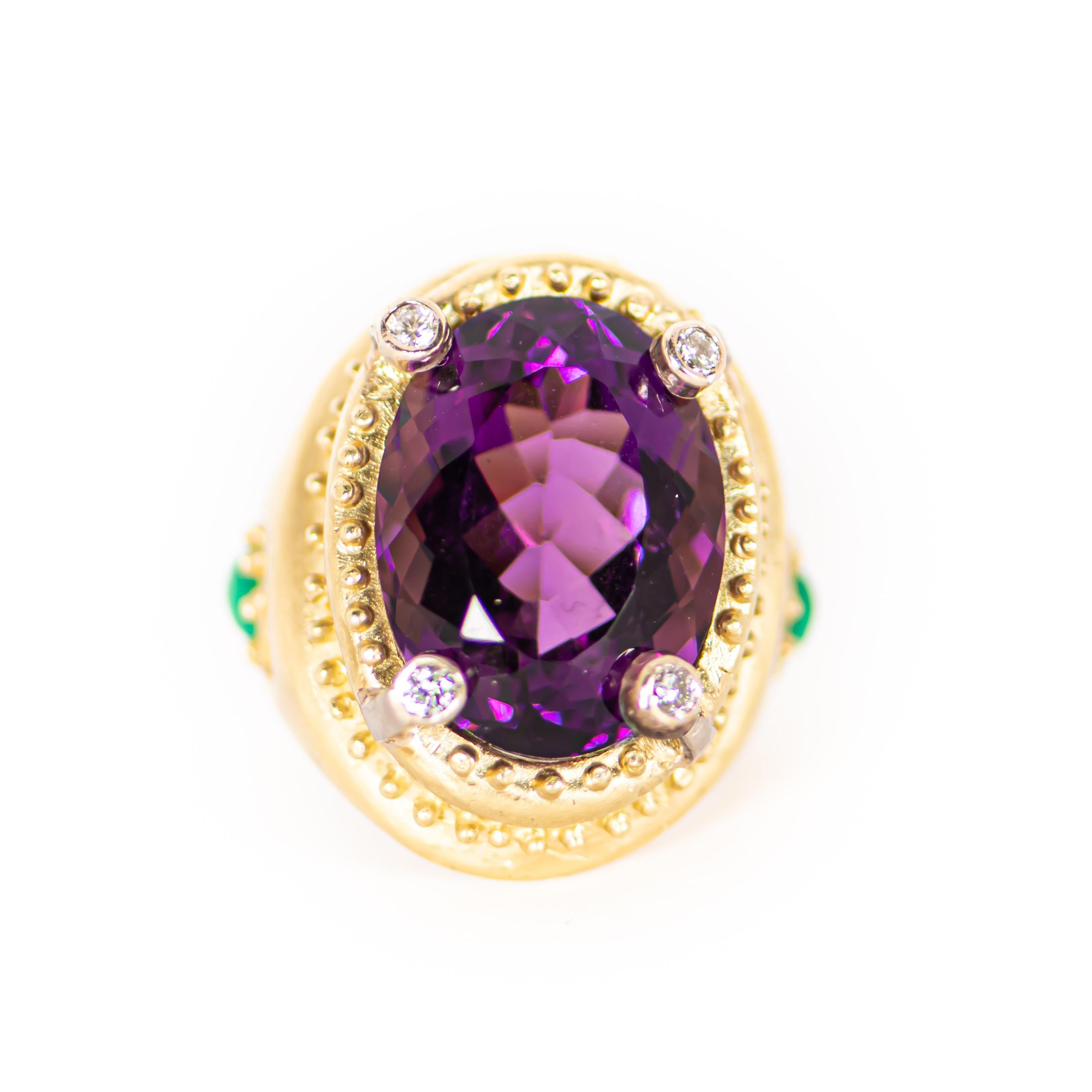 Featuring another one of a kind piece from the noted Palm Beach designer, Julia Boss!  Her clients are a laundry list of notables! Meticulously crafted in 18 karat yellow gold, this beauty features an oval, faceted purple amethyst weighing an