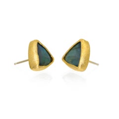 One of a Kind Labradorite Faceted Triangle 22k Gold Stud Earrings, Devta Doolan