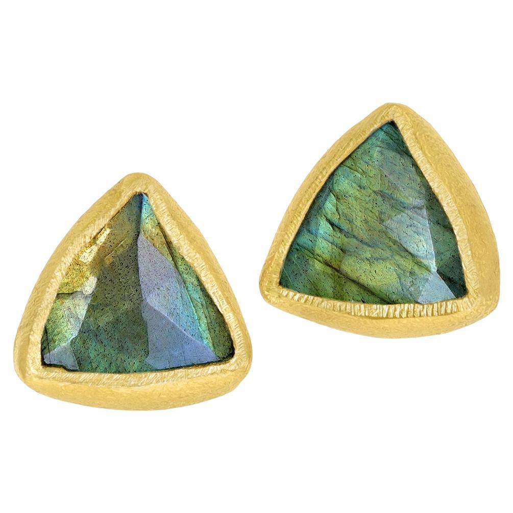 One of a Kind Labradorite Faceted Triangle 22k Gold Stud Earrings, Devta Doolan For Sale
