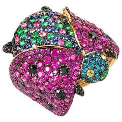 Rosior one-off Diamond, Ruby, Sapphire and Emerald "Ladybug" Ring in Yellow Gold