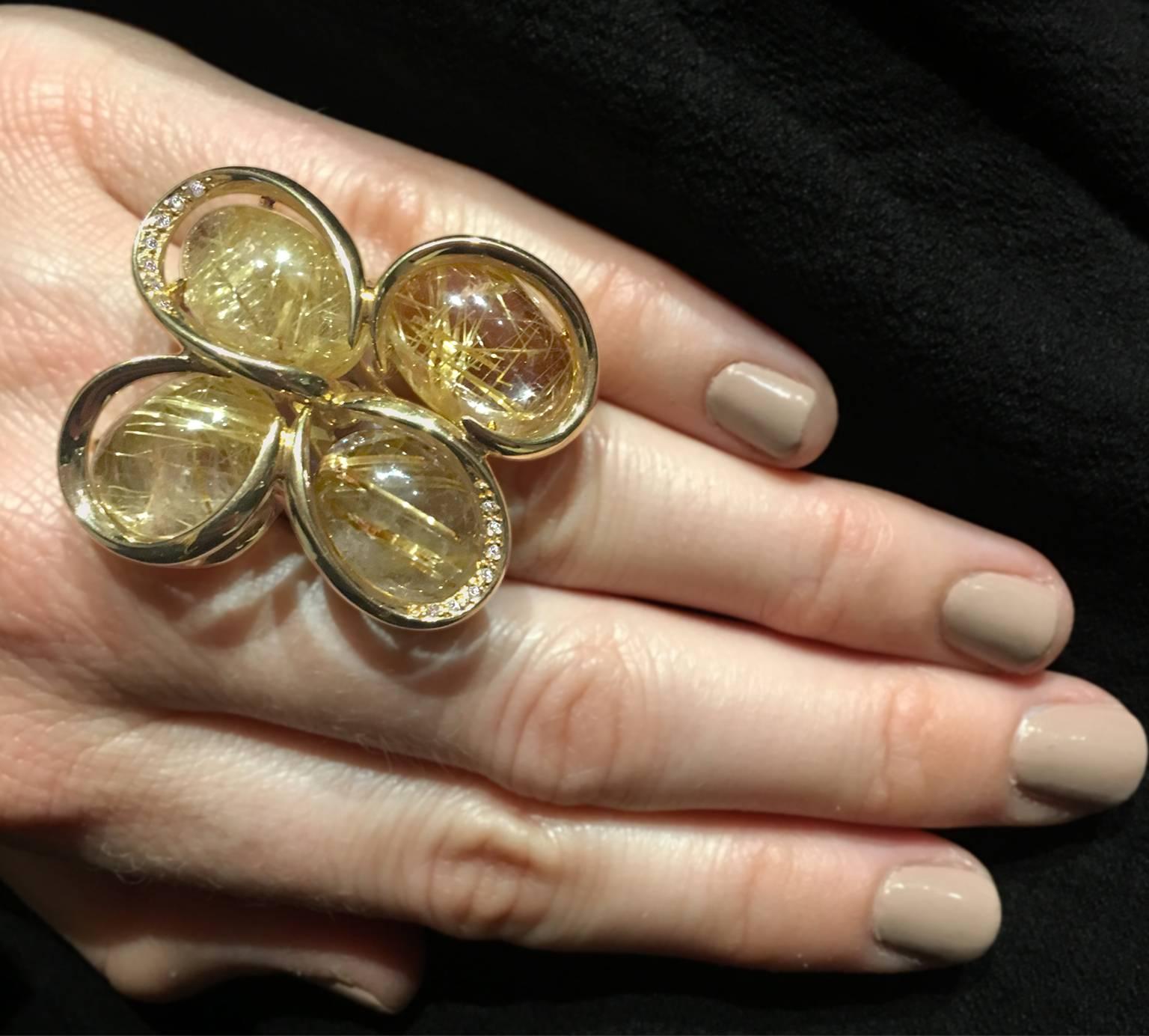 LALAoUNIS One of a Kind 18 Karat Gold Rutilated Quartz Diamond Cocktail Ring In New Condition For Sale In New York, NY