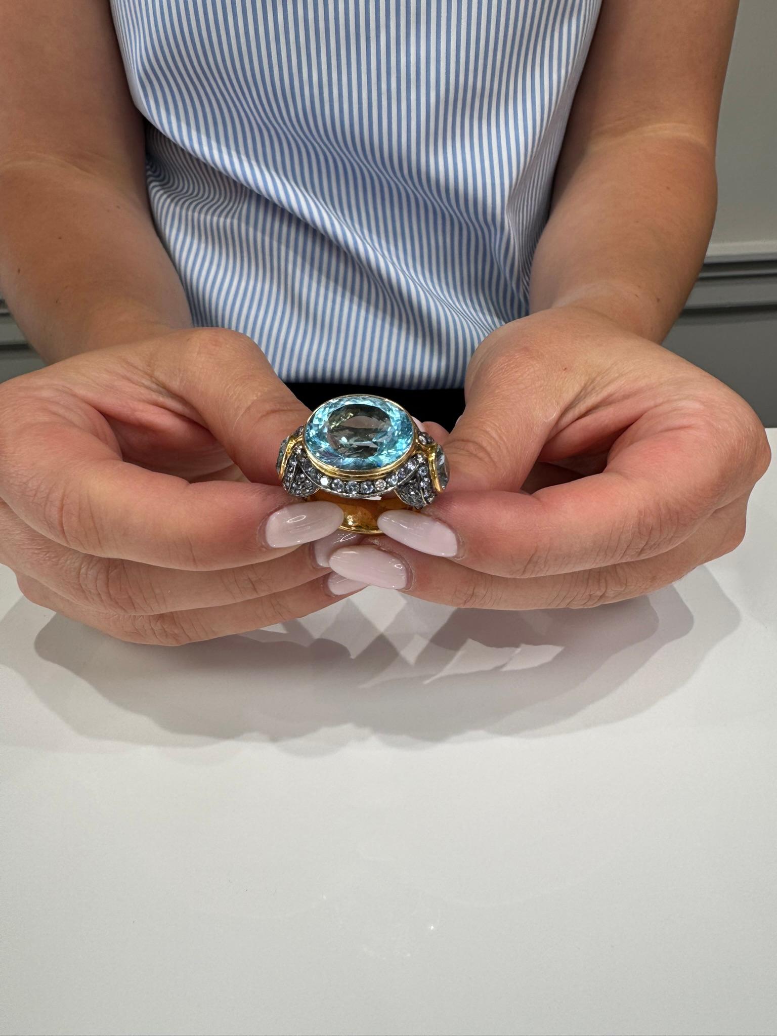 Oval Cut Large 18k Rose Gold Oval Blue Topaz Three Stone Ring with Sapphires & Diamonds For Sale