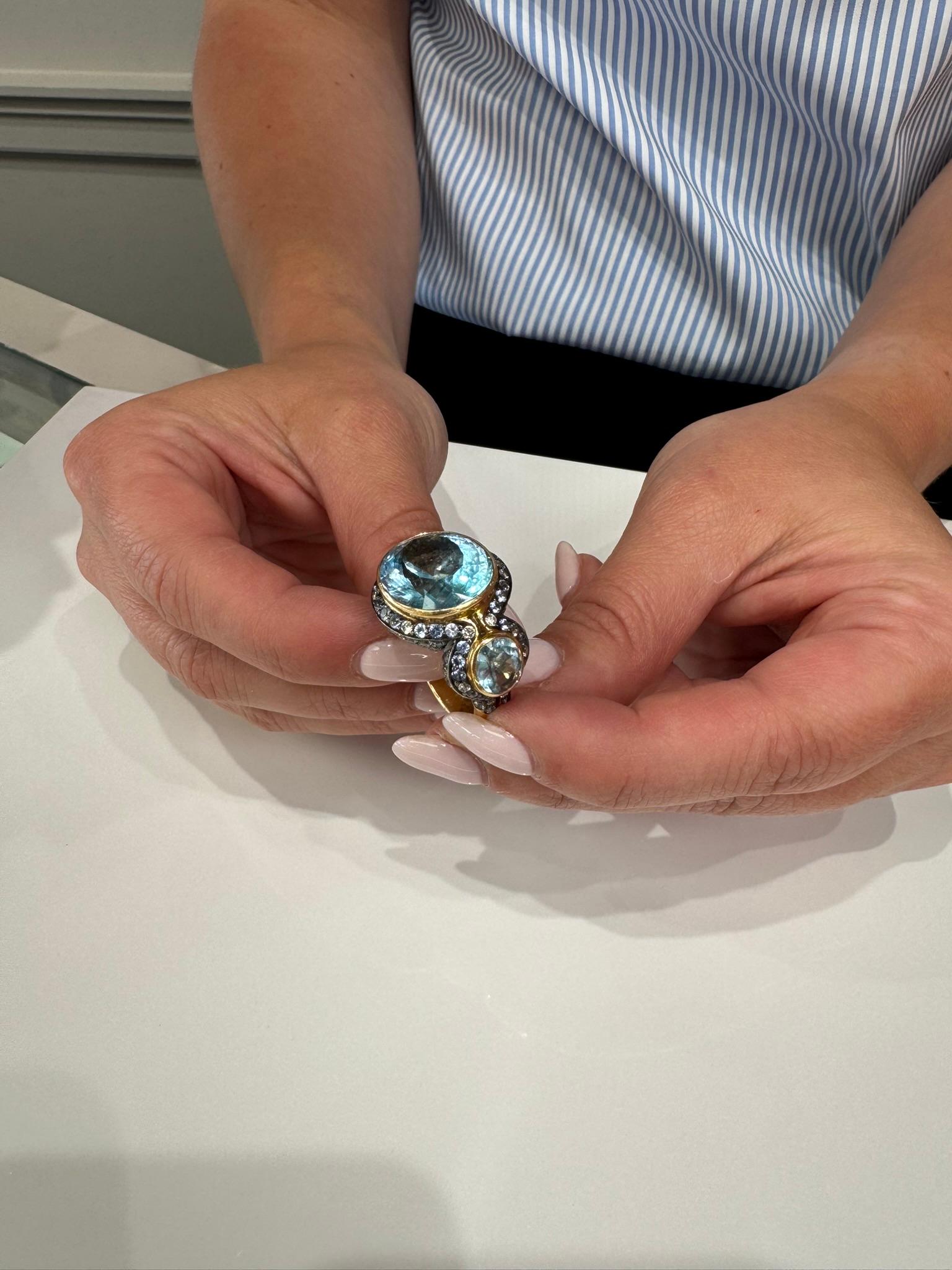 Women's Large 18k Rose Gold Oval Blue Topaz Three Stone Ring with Sapphires & Diamonds For Sale