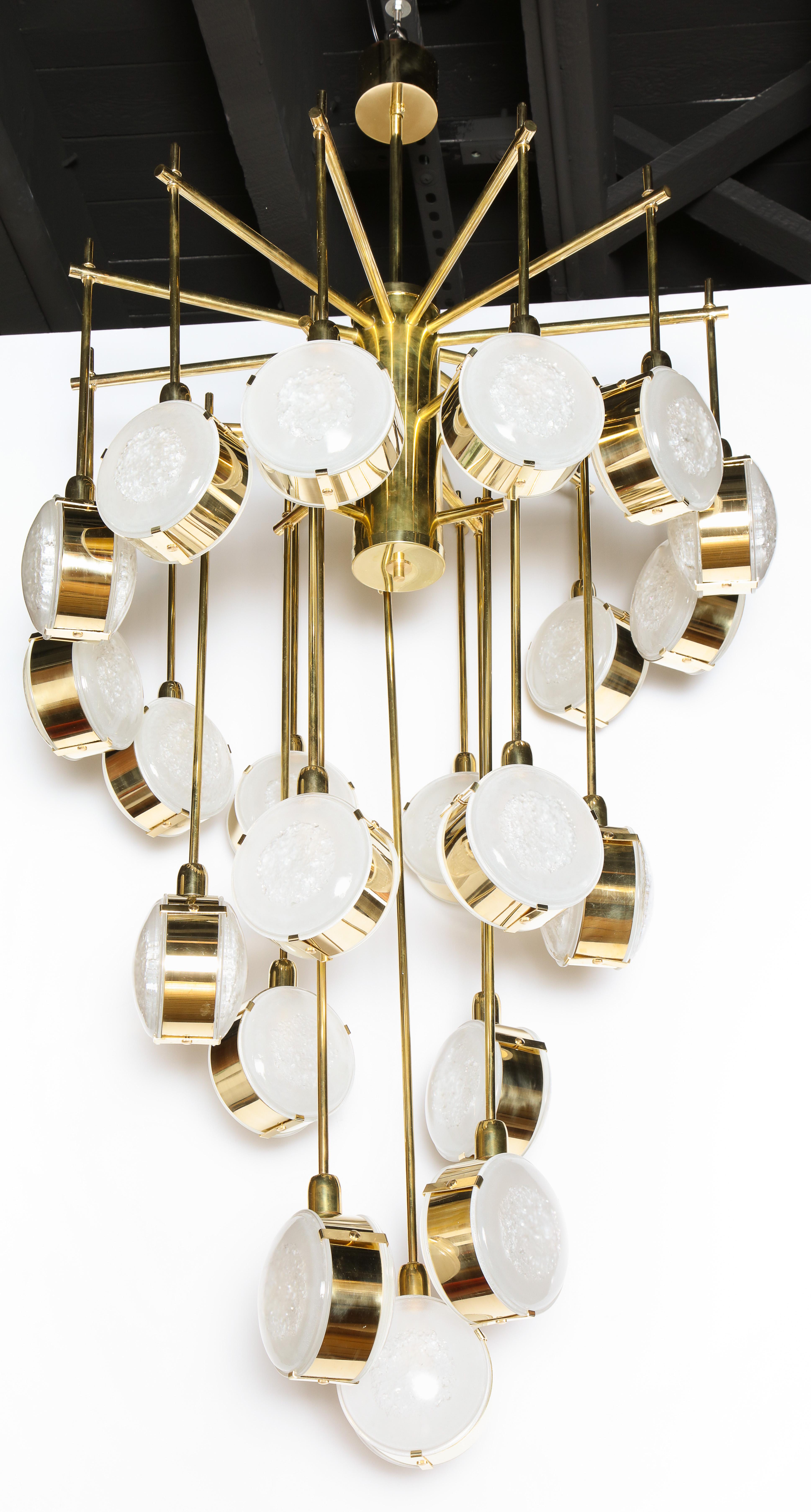 Large Brass and Clear Murano Glass Disc Spiral Cascading Chandelier, Italy 2