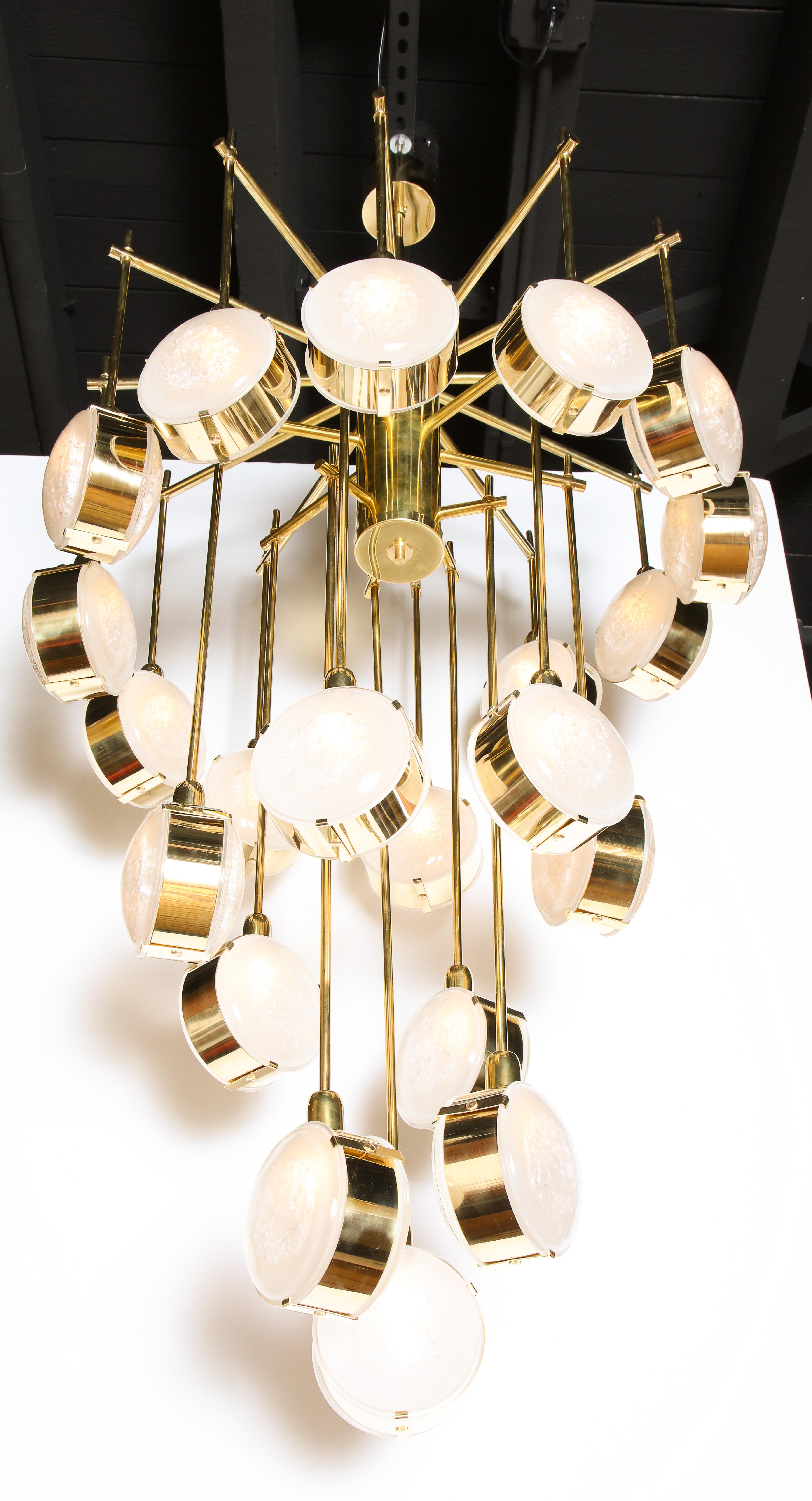 Large Brass and Clear Murano Glass Disc Spiral Cascading Chandelier, Italy In New Condition In New York, NY