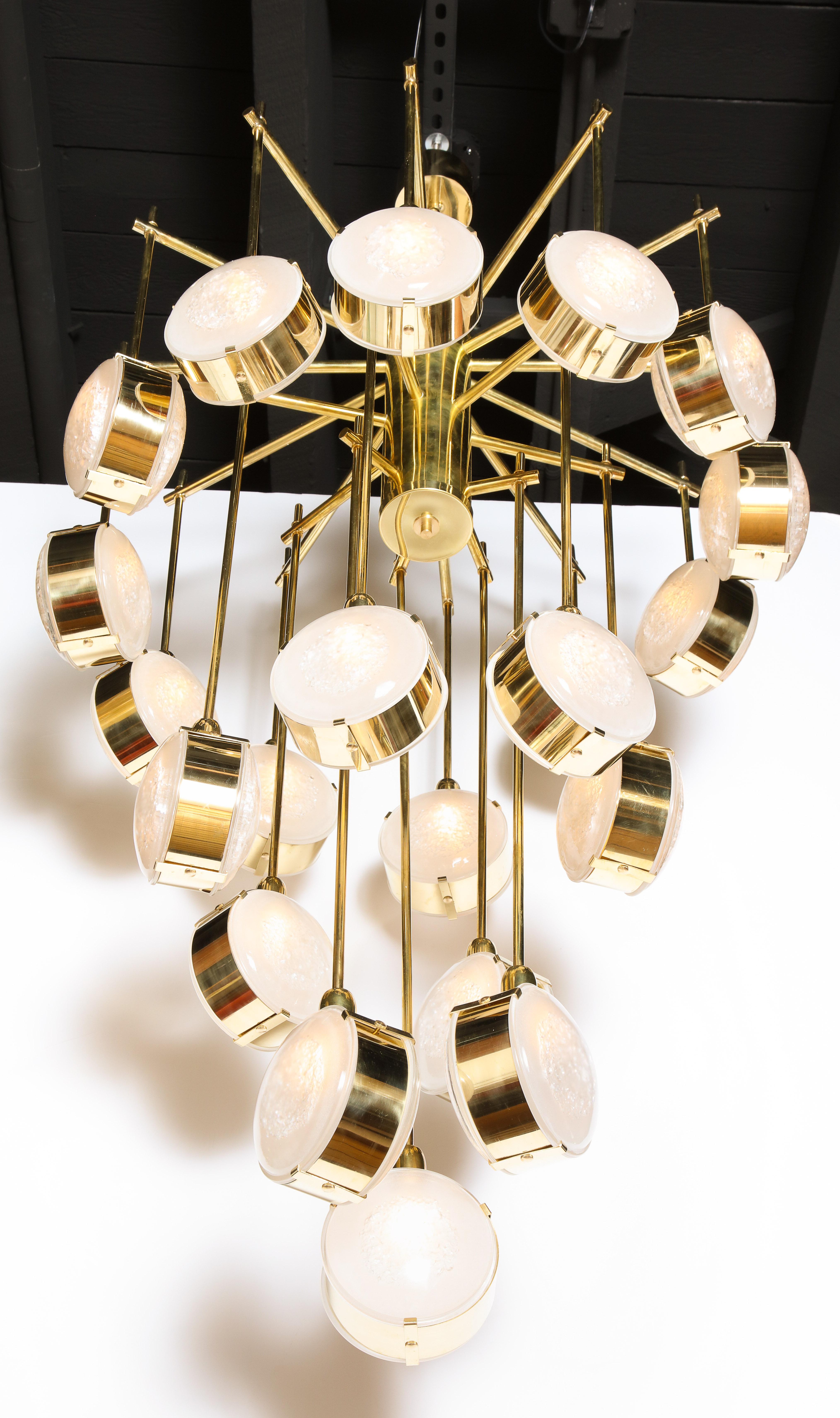 Contemporary Large Brass and Clear Murano Glass Disc Spiral Cascading Chandelier, Italy