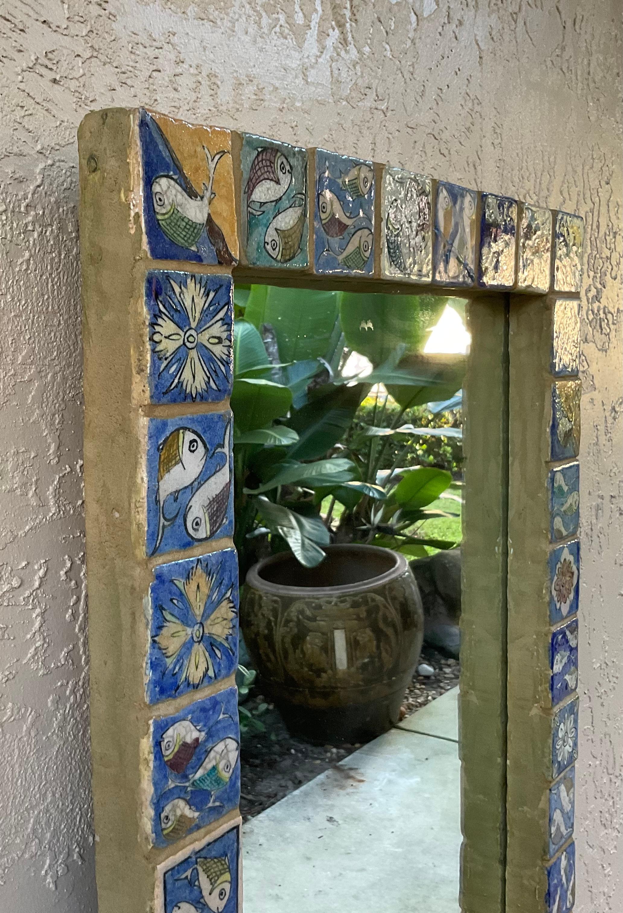 One of a Kind Large Hand Painted Ceramic Tile Mirror by Joseph Malekan 8