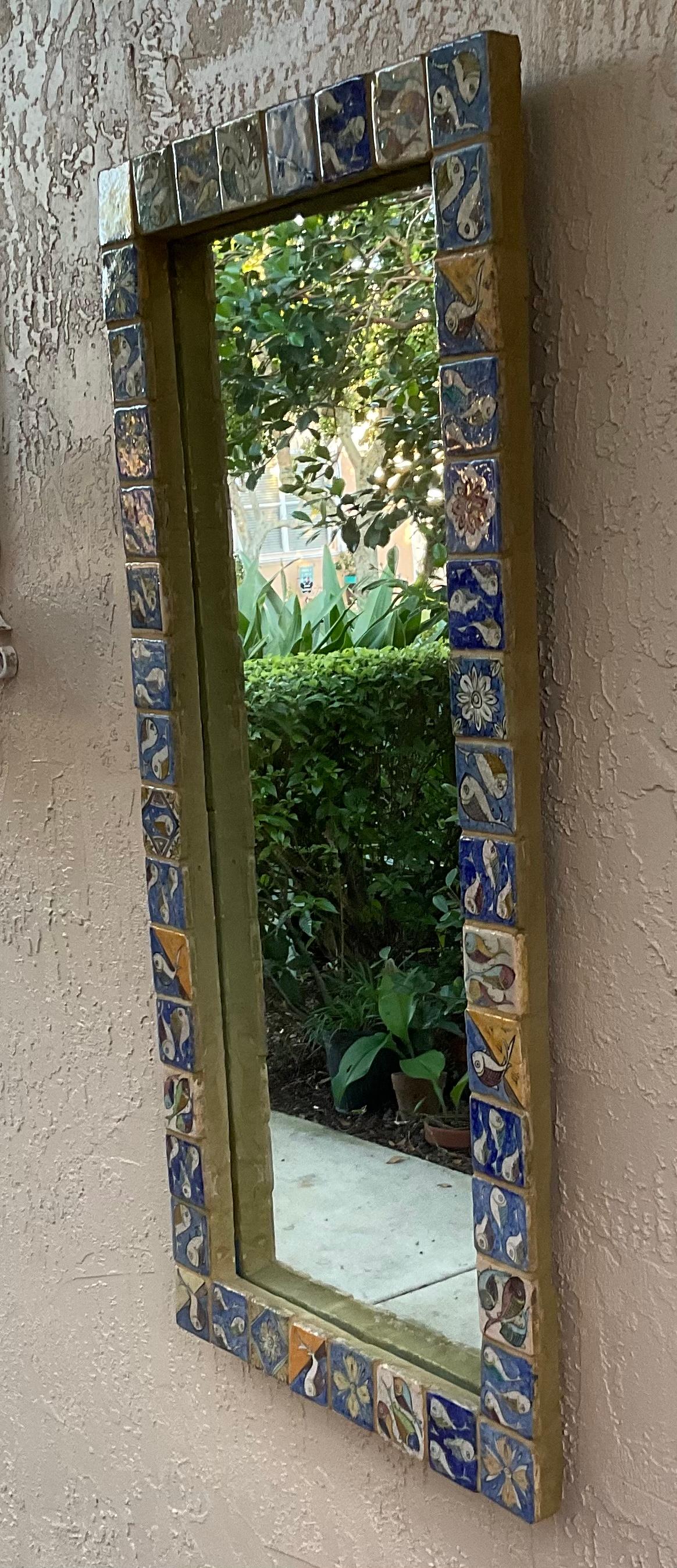 One of a Kind Large Hand Painted Ceramic Tile Mirror by Joseph Malekan In Good Condition In Delray Beach, FL