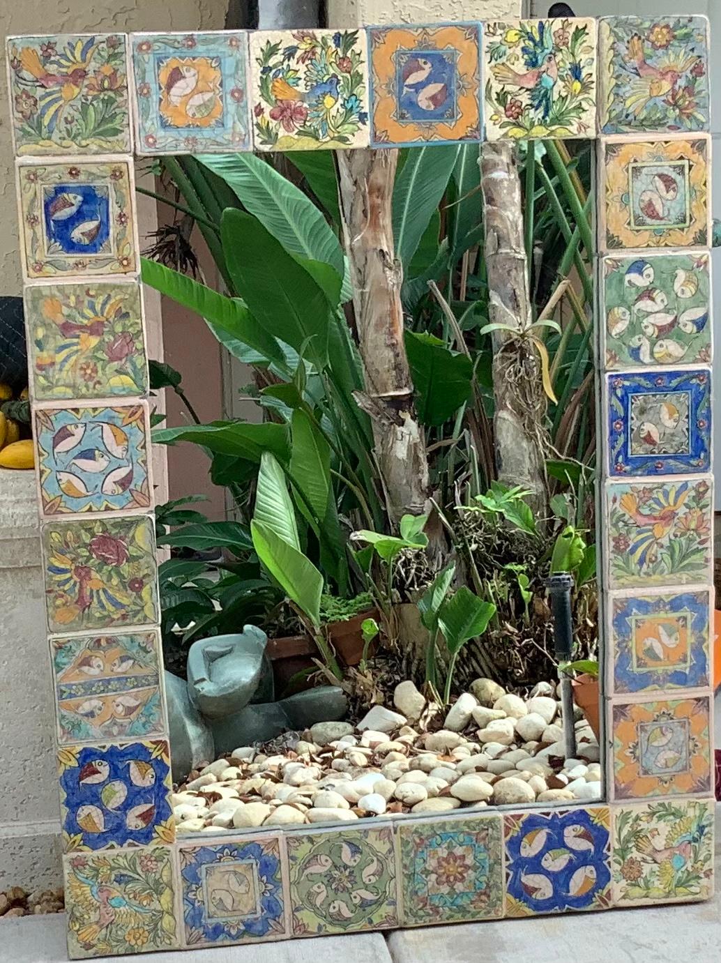 North American One of a Kind Large Hand Painted Ceramic Tile Mirror For Sale
