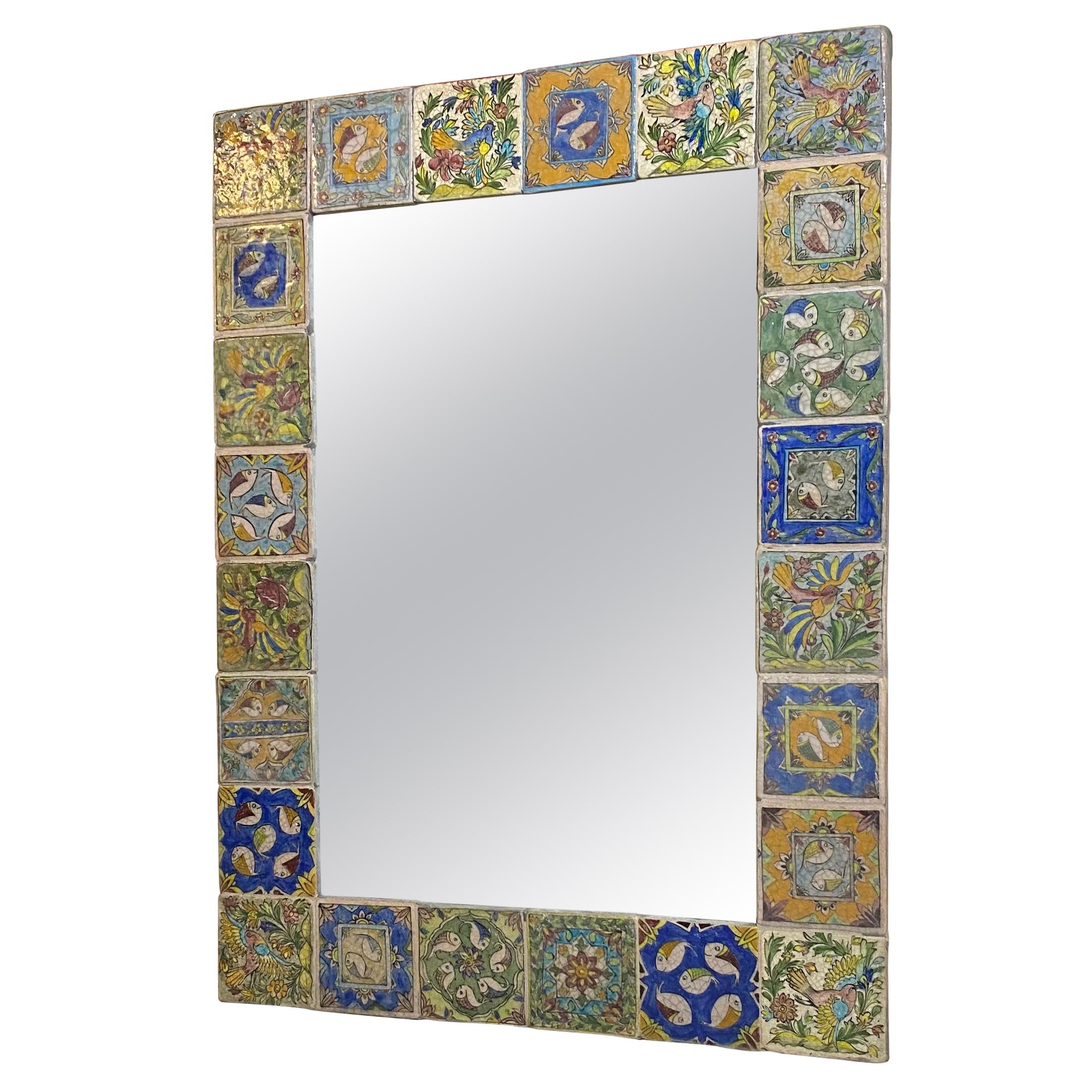 One of a Kind Large Hand Painted Ceramic Tile Mirror For Sale