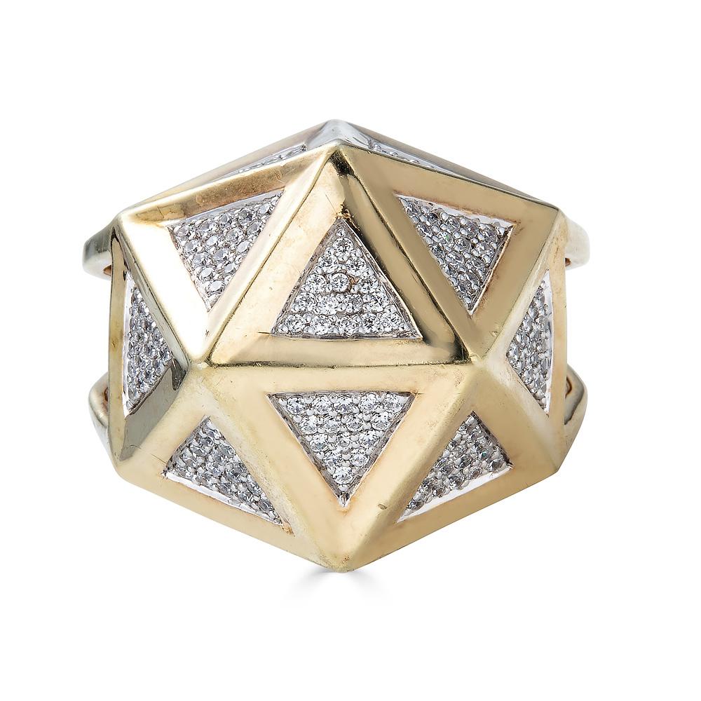 This one of a kind icosahedron ring by John Brevard is inspired by sacred geometry and the platonic solids of ancient philosophers. With twenty equilateral triangular sides fully paved with white diamonds, this icosahedron ring is associated with